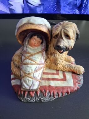 Hand-Painted Brown and Cream Dog with Swaddled Baby Figurine - Home Accent